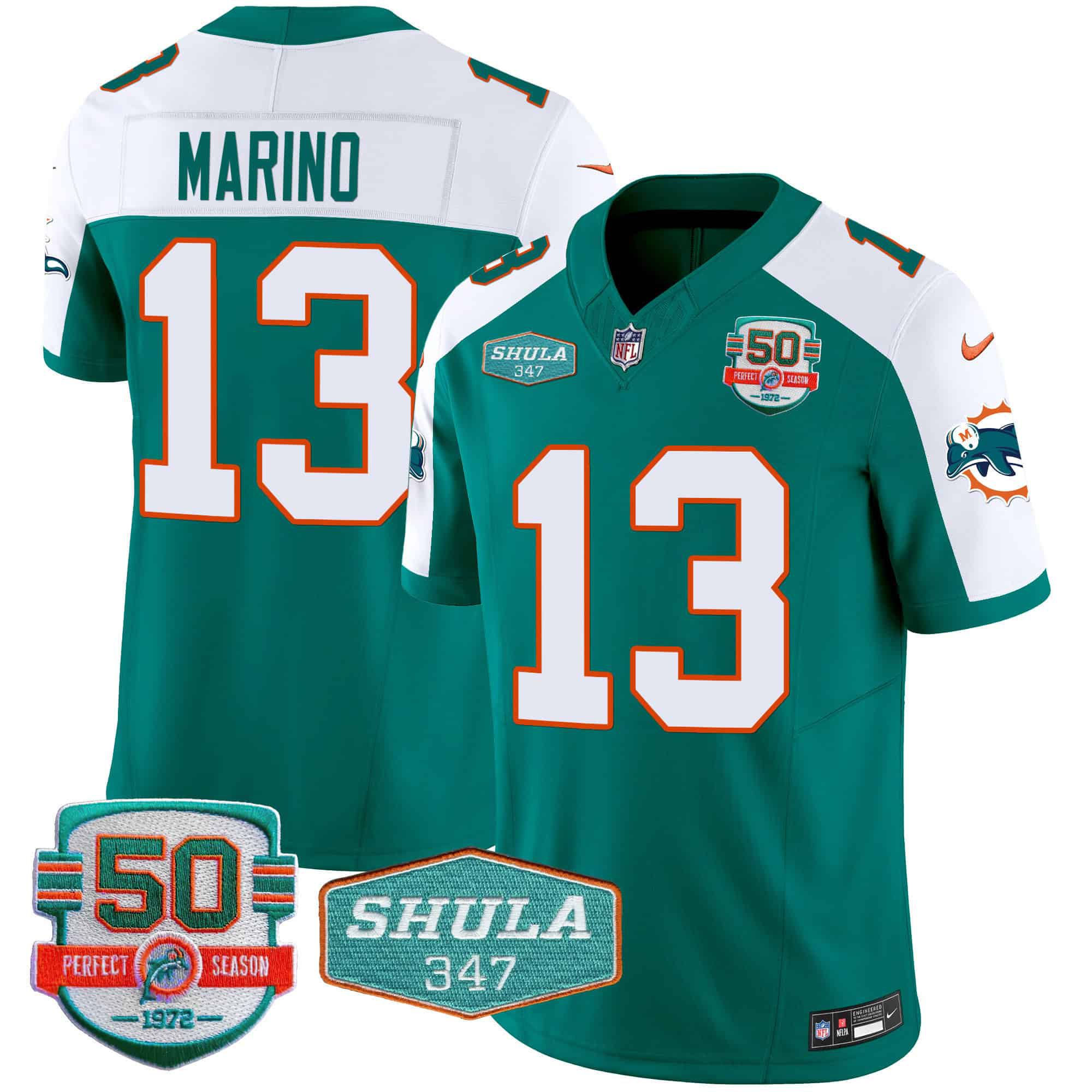 Men Miami Dolphins 13 Marino Green 2024 Nike Throwback Shula 347 Patch Vapor NFL Jersey